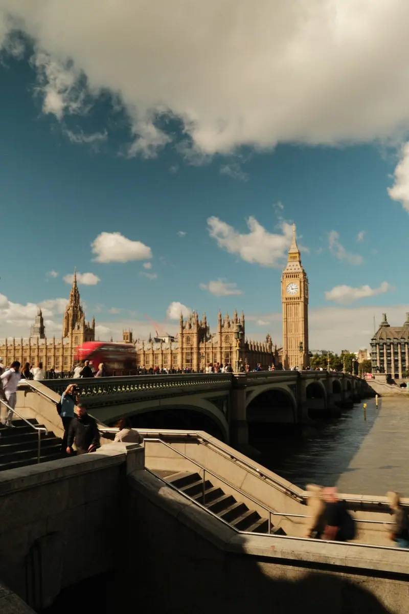 Big Ben and the Houses of Parliament across Westminster Bridge on a bright day