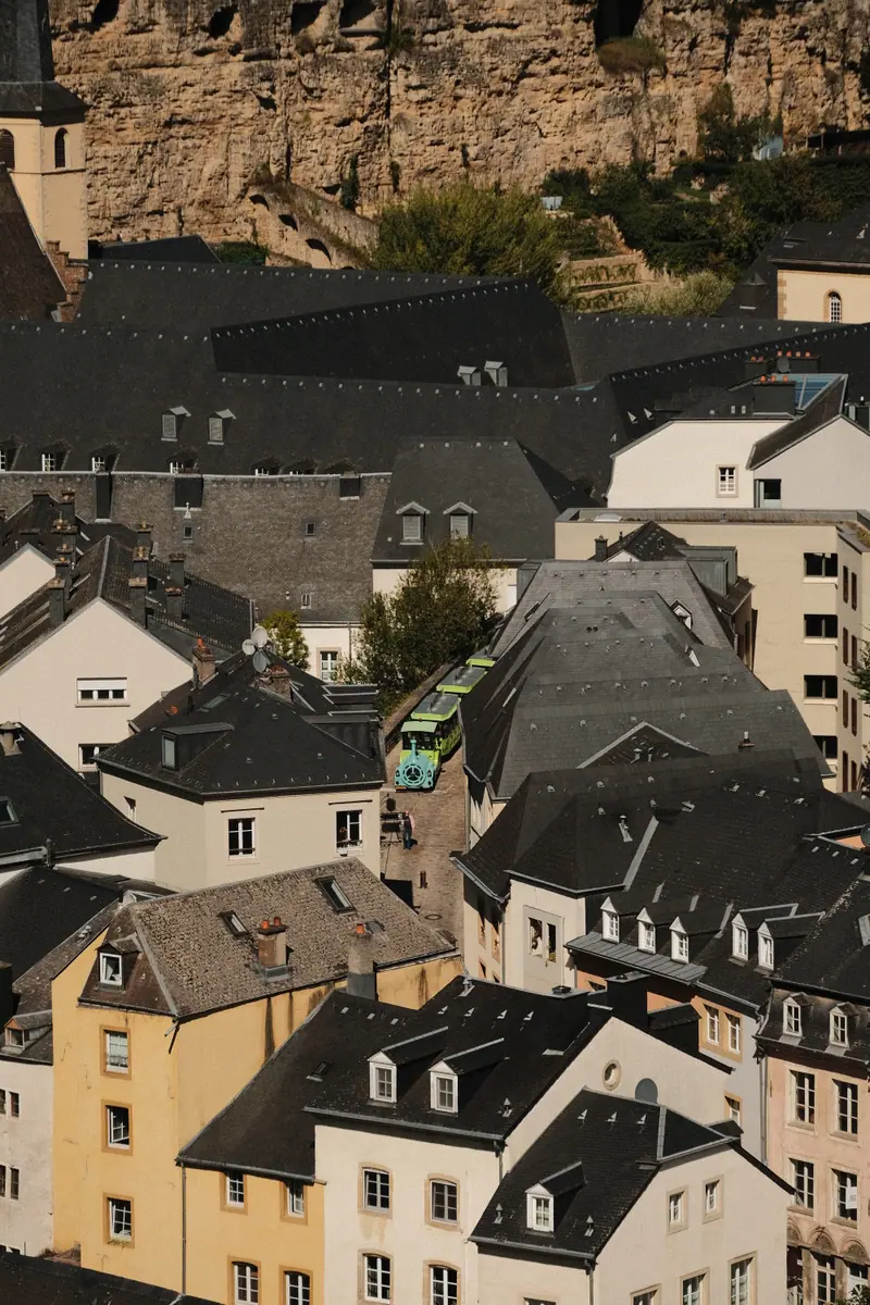 The slate roofs of Luxembourg's Grund district stacked below the cliffs