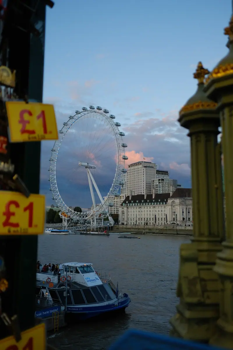 The London Eye and the Thames, seen past a souvenir stall's price tags